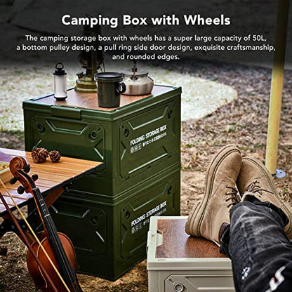Foldable storage box, plastic campsite with wooden lids, storage tank with 50 lane and casters 50L, for camping, car trunk (OD Green) - color: OD Green