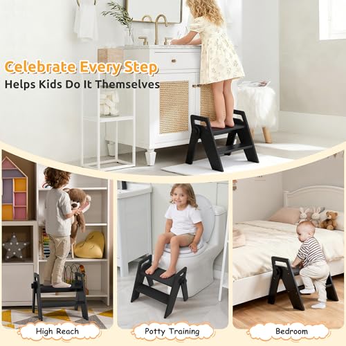 Wooden 2 Step Stool for Toddler Kids Bathroom Foldable 2-Step for Toilet Potty Training, Child Stepping Stool for Kitchen Nursery Bedroom - color: Black
