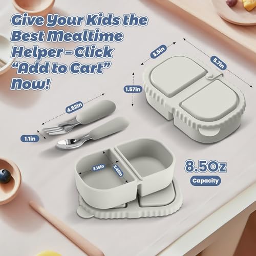 Silicone Snack Containers for Kids (8.5Oz, 2-Compartment)+ Kids Silicone Cutlery Set (Spoon and Fork) - BPA Free, Leak Proof, Great for Toddler/Kid/Adult Meal Prep Containers (White) - color: White