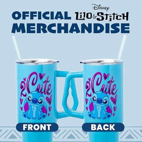 Silver Buffalo Disney Lilo and Stitch “2 Cute” Double Walled Stainless Steel Tumbler with Handle, Fits in Standard Cup Holder, 40 Ounces - color: Kawaii Stitch Sitting