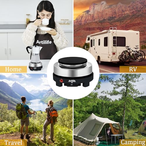 Artilife 500W Mini Electric Hot Plate - Moka Pot Special, 110V Compact RV Camping Stove, 4" Cast Iron Burner for Coffee, Low Wattage Portable (Silver)