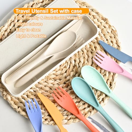 Travel Utensils with Case, Camping Utensils Wheat Straw Reusable Utensils Set With Case, Knife Fork and Spoon Utensil for Lunch Box (2 Pack) - color: Blue, Light Blue