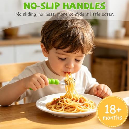 Toddler Utensils, Stainless Steel Baby Forks and Spoons Set Caterpillar Silicone Handle, Kids Silverware with Portable Storage Case, Baby Feeding Essentials, Dishwasher Safe (Green) - color: Green
