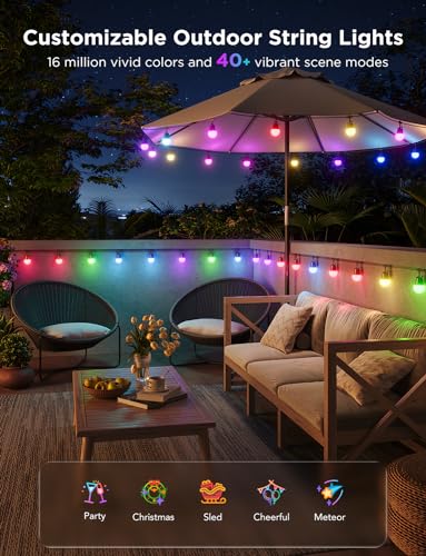 Govee Smart Outdoor String Lights 2, 144ft Outdoor Lights with Dimmable Warm White LED Bulbs, 47 Scene Modes for Patio, Backyard, Balcony, IP65 Waterproof, Works with Alexa, App Control - size: 144ft