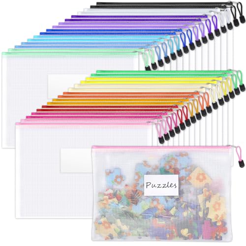 Sooez 32 Pack Mesh Zipper Pouch Bags, A4 Letter Size, Zipper Bags with Label Pocket, Waterproof Bag for Classroom Organizer, School Office Teacher Supplies, Storage Pouches for Board Game Toy Storage - style: 32 Pack