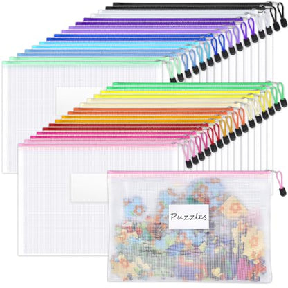 Sooez 32 Pack Mesh Zipper Pouch Bags, A4 Letter Size, Zipper Bags with Label Pocket, Waterproof Bag for Classroom Organizer, School Office Teacher Supplies, Storage Pouches for Board Game Toy Storage - style: 32 Pack