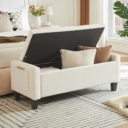 Velvet Storage Ottoman Bench for Bedroom, End of Bed Bench with Button, Side Storage Pockets, Organizer Storage Chest, Upholstered Foot Rest, Load up to 400 lb, for Living Room, Entryway, Beige