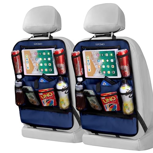 LUCMO Car Backseat Organizer with Touch Screen Tablet Holder,Dark Blue | 2 Pcs,9 Storage Pockets,Clear Tablet Holder,Protectors Kick Mats,Travel Accessories,Seat Cover,Road Trip Essentials - color: Dark Blue-1, size: 2 Pack