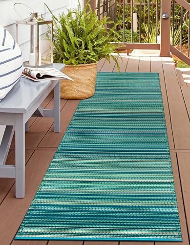 Rugshop Contemporary Stripe Reversible Crease-Free Waterproof Premium Recycled Plastic Outdoor Rugs for Patio,Backyard,RV,Deck,Picnic,Trailer,Beach,Camping Rug 2' 7" X 8' Blue - size: 2'7" x 8' (Rectangular)