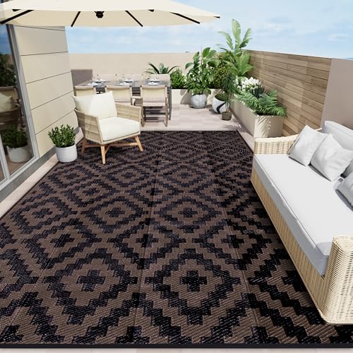 OLANLY Waterproof Outdoor Rug 10x14 ft, Outdoor Plastic Straw Rug for Camping, RV Mat Outside, Outdoor Carpet for Porch, Deck, Backyard, Balcony, Picnic, Black & Brown - color: Black & Brown, size: 10' X 14' (Rectangular)