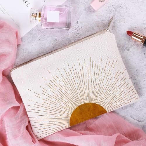 Sunshine Ray Makeup Bag Natural Linen Zipper Pouch Makeup Bag Tech Accessory Bag Mid Centry Boho Decor Travel Accessory Pouch