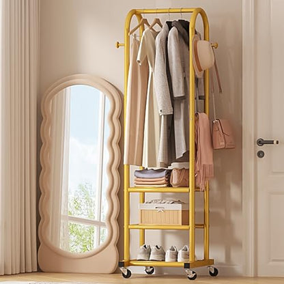 Dttwacoyh Metal Clothing Rack with Wheels and Hanging Hooks,Narrow Coat and Shoe Rack,Small Hall Tree,for Small Space, Bedroom, entryway, Walk-in Closet, Laundry Room-Gold - color: Gold