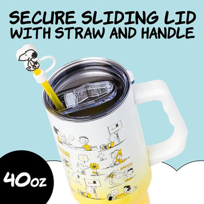 Silver Buffalo Peanuts Iconic Scenes Charlie Brown, Snoopy, Woodstock, Lucy, Sally, Linus Double Walled Stainless Steel Tumbler with Handle, Straw, & Straw Cap, Fits in Standard Cup Holder, 40 Ounces - color: Peanuts Iconic Scenes