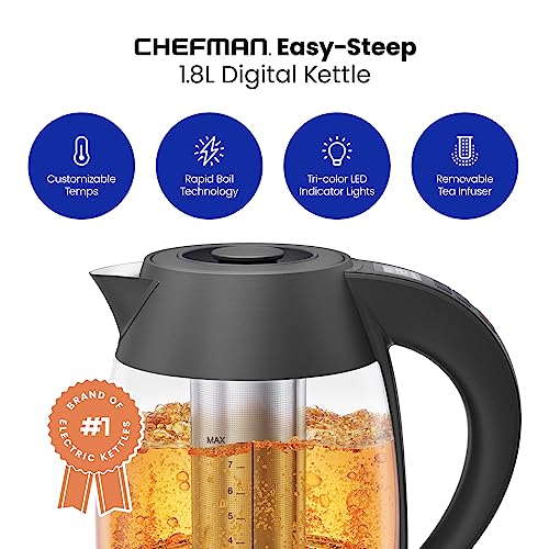 Chefman Digital Electric Kettle with Rapid 3 Minute Boil Technology, Custom Steep Timer and Temperature Presets, Bonus Tea Infuser, Rust and Discoloration Proof, 1.8 Liter, Matte Black, 1500W - color: Black, style: Glass with Tea Infuser