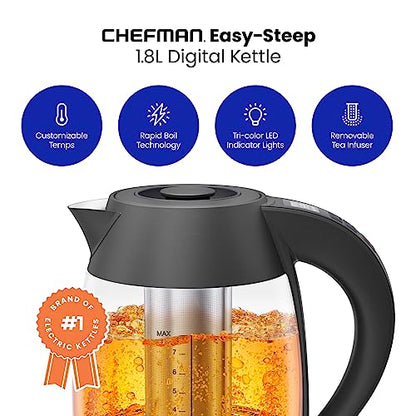 Chefman Digital Electric Kettle with Rapid 3 Minute Boil Technology, Custom Steep Timer and Temperature Presets, Bonus Tea Infuser, Rust and Discoloration Proof, 1.8 Liter, Matte Black, 1500W - color: Black, style: Glass with Tea Infuser