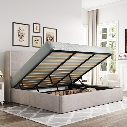 Allewie King Size Lift Up Storage Bed, Modern Wingback Headboard, Hydraulic Support, No Box Spring Needed, Light Beige - color: Beige, size: King, style: Modern