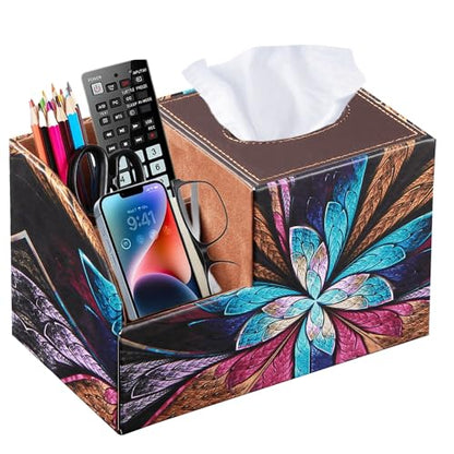 BLIENCE PU Leather Square Tissue Box Cover - Multi-Functional Tissue Box Holder, Tissue Box Cover with Storage,Tissue and Remote Control Holder, Cube Tissue Box Organizer Bedroom Nightstand End Table - color: Butterfly