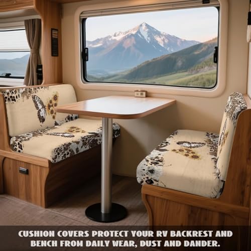 Butterfly Sunflower Leopard Pattern 2 Pcs RV Dinette Cushion Covers Breathable RV Couch Cover Elastic Loveseat Sofa Chair Cover Furniture Protector for RV Camper Car Bench - color: Butterfly Sunflower Leopard