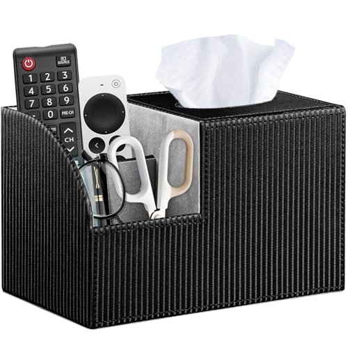 Tissue Box Cover Square with Storage, PU Leather Cube Tissue Box Holder, Multifunction Remote Control Nightstand Organizer, Modern Desk Caddy for End Table, Bathroom, Home, Office Decor - color: Black Rome