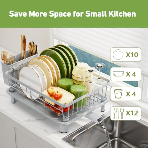 Dish Drainer Rack with Drip Tray, Sink Dish Drainer with Drainage Spout, Stainless Steel Dish Drying Rack with Cups, Utensil & Cutting Board Holders for Kitchen Counter Space-Saving, Grey - color: Gray