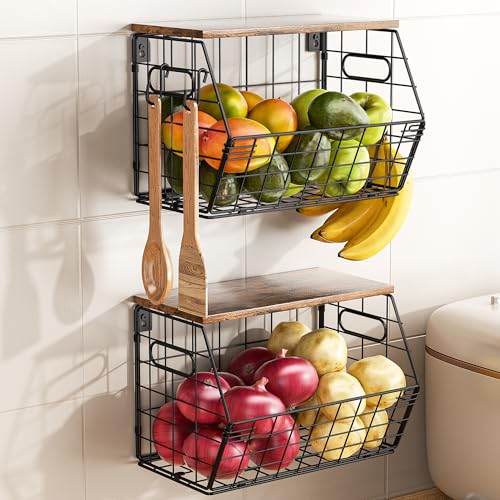 Delamu Stackable Metal Fruit Basket with Wood Lid 2 Pack, Hanging Wall Organizer for Kitchen Counter, Pantry Storage for Onions, Potatoes, Garlic, Fruits, Spices, Black - size: 2 Pack