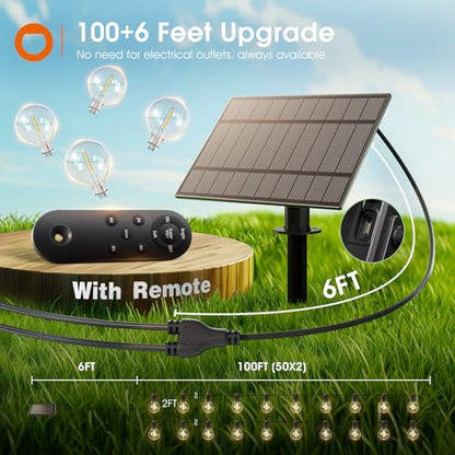 addlon 106FT(100+6) Solar String Lights with Remote, 54 Shatterproof G40 Bulbs, Commercial Grade Solar Powered Outdoor Light, Dimmable Waterproof Solar Lighting Outdoor for Garden Backyard Party Decor - size: 100FT