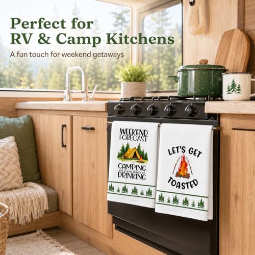 DETIHO 2 Pieces Camping Kitchen Towels, Happy Camper Dish Kitchen Towel - color: Multicolor