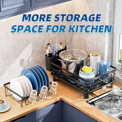 GAOKASE Dish Drying Rack, Stainless Steel-Dish Rack, Dish Racks for Kitchen Counter, Kitchen Dish Drainers with Removable Utensil Holder,New Drain Outlet,Plate Rack and Drainboard (Black 3) - color: Black 3