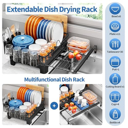 TOOLF Dish Drying Rack - Expandable Dish Rack, Large Capacity Dish Drainer for Kitchen Counter, Stainless Steel Dish Strainer with Cups Holder & Utensil Holder,Black