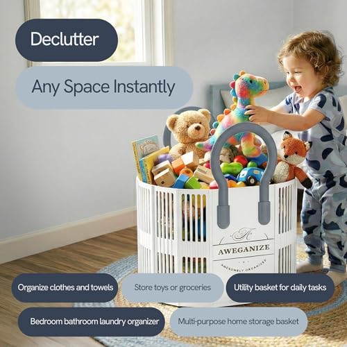 40L Collapsible Laundry Basket with Handles, Durable Space-Saving Storage Basket for Clothes, Utility, Groceries, Toys & Home Organization– White
