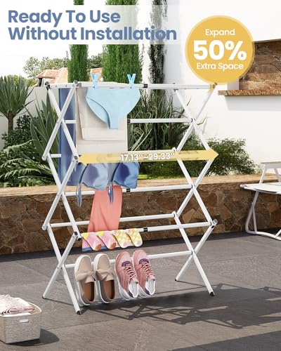 APEXCHASER Oversize Clothes Drying Rack, 3-Tier Drying Rack Clothing, Expandable Metal Laundry Drying Rack, Air Drying Rack, Clothes Rack, No install, 24lb Capacity, 14.9" D x 29.3" W x 39.3" H, White - color: White