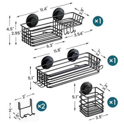 TAILI Shower Caddy Suction Cup, 3 Pack Shelves for Inside with Hooks & Soap Holder Toothbrush Cups, Removable Bathroom Organizer, Rustproof Black Shelves - style: 3 × Black