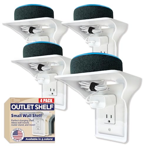 Power Perch Outlet Shelf Organizer for Alexa Echo Dot, HomePod Mini Speakers, Phone - Wall Outlet Holder with Cord Storage Strap - Socket Shelf Bathroom Kitchen Counter Charging Station - White 4 Pack - color: White, size: Single Outlet 4 Pack