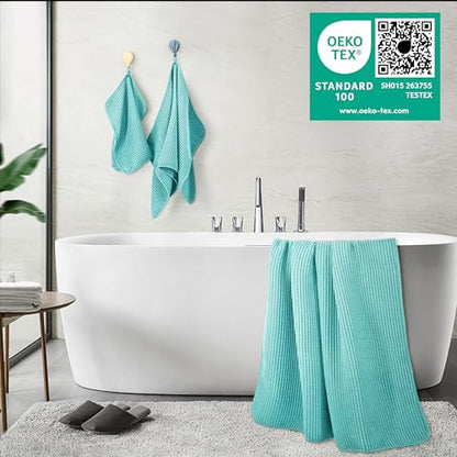 POLYTE 430 GSM Microfiber Quick Dry Lint Free Oversize Bath Towel Set, 6 Piece (Waffle Weave) - color: Aqua