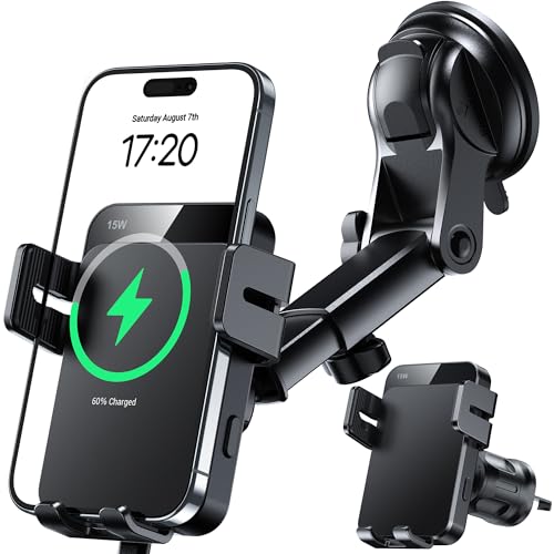MOKPR Wireless Car Charger, 15W Auto Clamping Car Charger Dash Windshield Air Vent Phone Holder Compatible with iPhone 16 15 14/13/13 Pro/12 pro/12/11/X/8, Samsung S24/S23/S22 - color: Black