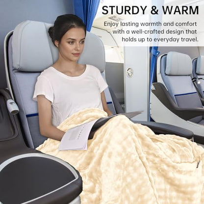 Travel Blanket and Pillow-2-in-1, Ultra-Soft&Compact, One-Piece Airplane Blanket with Hand Luggage Belt and Backpack Clip,Travelers Accessories Gifts, 61x43 Inches(White) - color: White