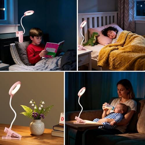 Akynite Desk Lamp LED Clip on Light, 5 Modes 5 Brightness Dimmable Clamp Light, Rechargeable Battery Flexible Clip on Reading Lamp for Bed Headboard Bunk Bed at Night for Kids (Pink) - color: Pink