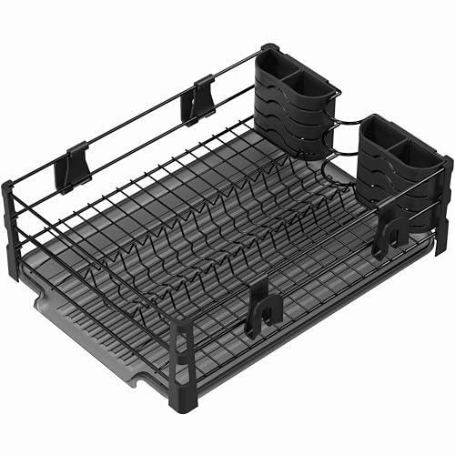 Simple Houseware Dish Drying Rack with Drainboard, Utensil Holder & Mug Hooks, Black Metal Kitchen Counter Organizer - color: Black