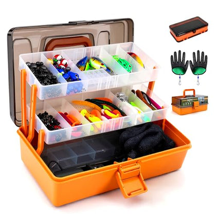 Large 3-Layer Tackle Box with Tackle Included, 417Pcs Fishing Lures Kit with Bonus Small 2-Sided Box & Gloves, Pliers, Crankbait, Hooks, Freshwater Bass Fishing Gear Gift for Men & Kids