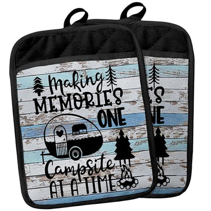 Camping Camper RV Gifts Pot Holders with Pockets, Making Memories One Campsite at a Time Pot Holders Heat Resistant Oven Mitts Hot Pads for Campsite RV Kitchen Baking Cooking - color: Louyzhut-1
