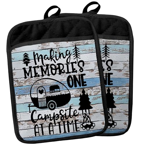 Camping Camper RV Gifts Pot Holders with Pockets, Making Memories One Campsite at a Time Pot Holders Heat Resistant Oven Mitts Hot Pads for Campsite RV Kitchen Baking Cooking - color: Louyzhut-1
