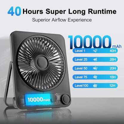 WHATOOK Large Travel Desk Fan: 10000mAh Battery 40 Hours Runtime Silent Rechargeable Fans, Quite Personal Portable Fan for Camping Bedroom Office Small Desktop fan (8.3 * 7.1inch Black) (Black) - color: Black