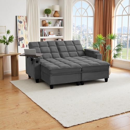 70.9'' Double Chaise Lounge with 360 degree rotatable side table, Comfy Corduroy Indoor Lounge Chair with Armrest Storage, Cup Holder, USB Port, and Pillow for Living Room or Bedroom (dark gray) - color: 13dark Gray
