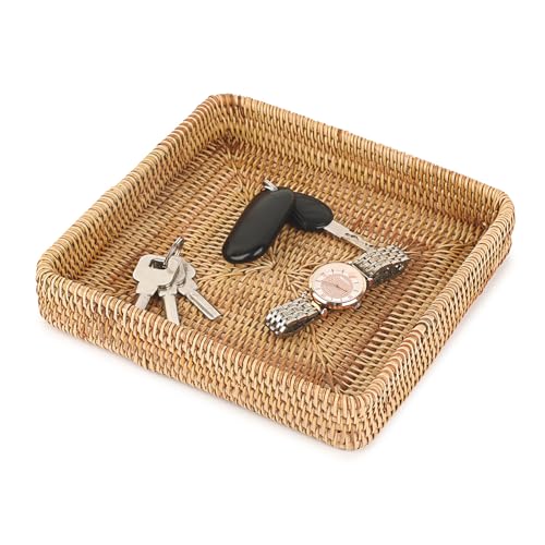 Hipiwe Key Basket Tray for Entryway Table Rattan Serving Tray Handwoven Wicker Baskets Vanity Trays Square Decorative Fruit Trays for Kitchen Counter Bedside Living Room Bathroom, 8.1" - color: Natural Color, size: 8.1" x 8.1" x 1.4"
