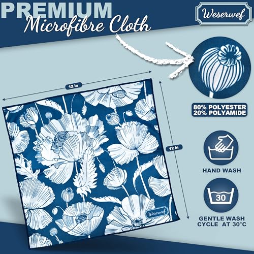 WESERWEF Design Microfiber Glasses Cleaning Cloth – Premium Cleaning Cloth for Eyeglasses, Screens, Tablets, Cameras & Lenses, 12" x 12", Ultra-Soft & Scratch-Free (Blue Poppies) - color: blue poppies