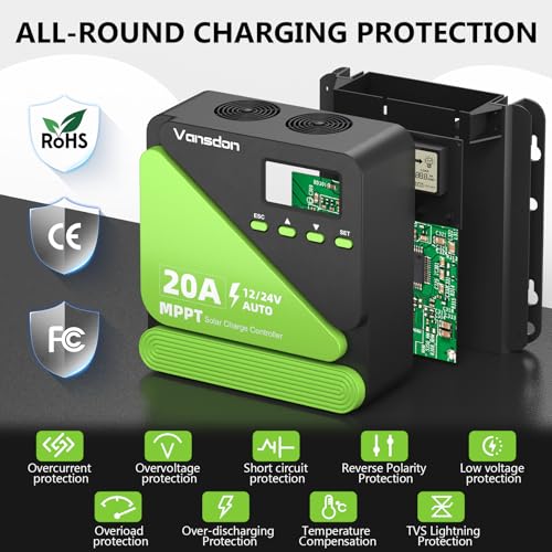 Vansdon 20A Solar Charge Controller 12V/24V MPPT Solar Charge Controller, Adjustable LCD with Timer, Dual USB Ports, for RV, Boat, Cabin, Off-Grid Systems, Compatible with FLD/LiFePO4/SLD/GEL/AGM - color: Light Green-20