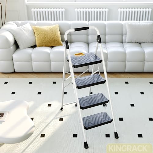 KINGRACK 4 Step Folding Ladder, 800lbs Capacity Step Stool with Safety Lock, Non-Skid Wide Pedals, and Handrail, Lightweight, Household Ladder for Home, Kitchen, Pantry, Closets, and Office Use, White - size: 4-STEP