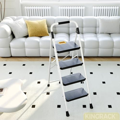 KINGRACK 4 Step Folding Ladder, 800lbs Capacity Step Stool with Safety Lock, Non-Skid Wide Pedals, and Handrail, Lightweight, Household Ladder for Home, Kitchen, Pantry, Closets, and Office Use, White - size: 4-STEP