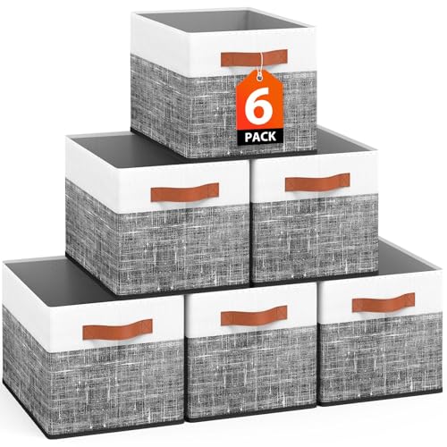Fab totes Collapsible Storage Baskets for Shelves,14"x10", 6 Pack Foldable Fabric Storage Bins with Double Leather Handles, Large Baskets for Organizing Books, Clothes, White & Black - color: Black, size: 6Pack