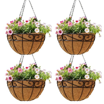 12 inch Metal Hanging Baskets For Plants Outdoor 4 Pack Round Metal Wire Hanging Basket Planter with Coco Fiber Liners Chain Round Wire Plant Holder for Garden, Patio, Deck, Porch Plants Flower Potss - size: 12 Inch, style: Flower Border